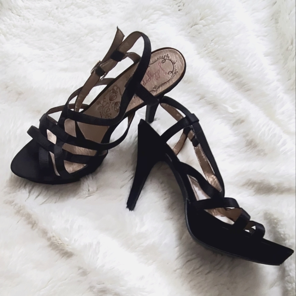 Jellypop black satin strappy heels women's size 9.5m, excellent condition
